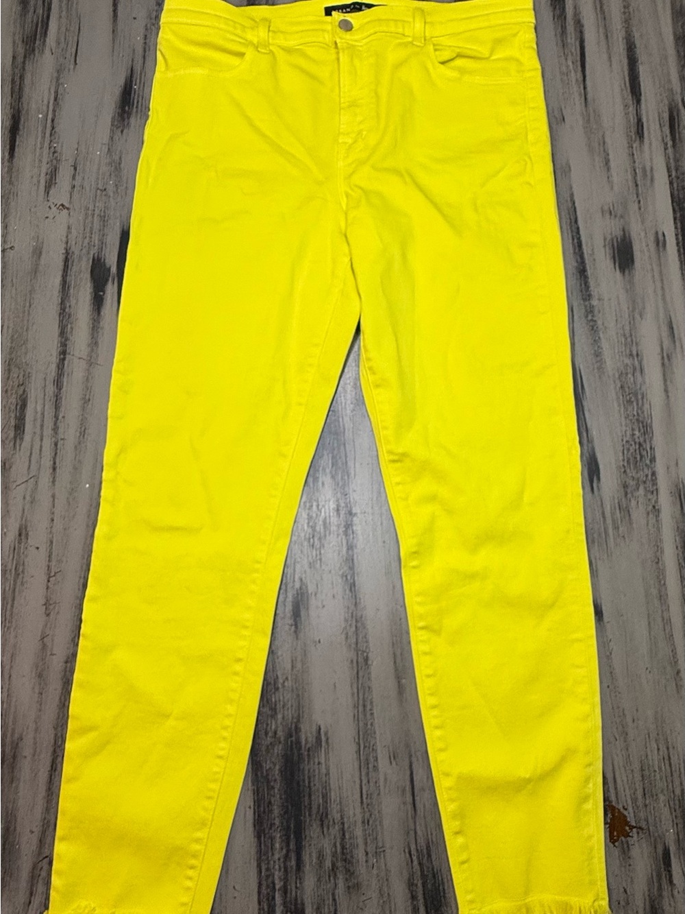 J BRAND Yellow Cropped Skinny Jeans Raw Fringe Hem Lemongrass Canary Denim 32 - Picture 15 of 15